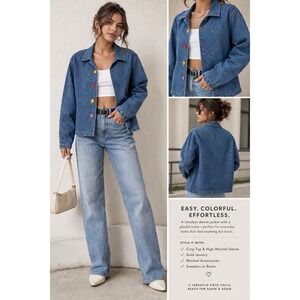 Rachel Brooke Denim Jacket Womens Polka Dot Embroidered Novelty Button Colorful